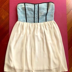 Strapless denim bustier/ polyester dress
